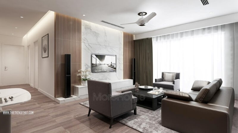 Với lối thiết kế hiện đại, nhẹ nhàng, sự sắp xếp hợp lí của nội thất cũng như màu sắc không gian mang lại cảm giác hài hòa cho không gian tiếp khách của gia chủ Thiết kế chung cư