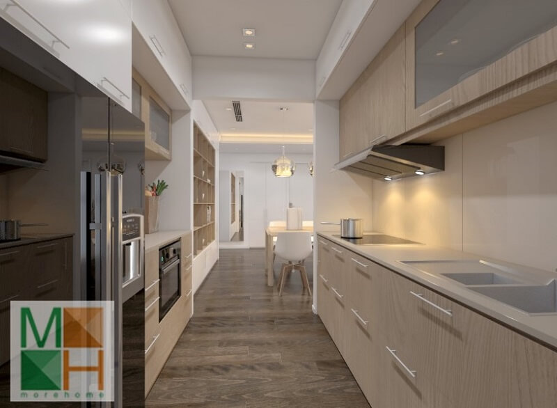 Mẫu thiết kế hệ tủ bếp gỗ tiện nghi sử dụng gỗ công nghiệp An Cường cao cấp màu sáng mang đến vẻ đẹp cho phòng bếp Thiết kế chung cư