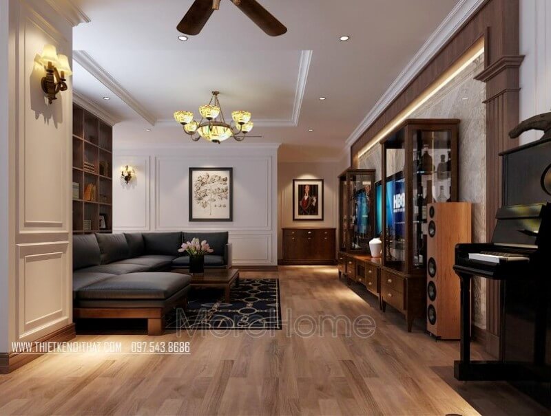 Thiết kế nội thất phòng khách chung cư đẹp với chất liệu gỗ óc chó tự nhiên nhập khẩu cao cấp Thiết kế chung cư hiện đại