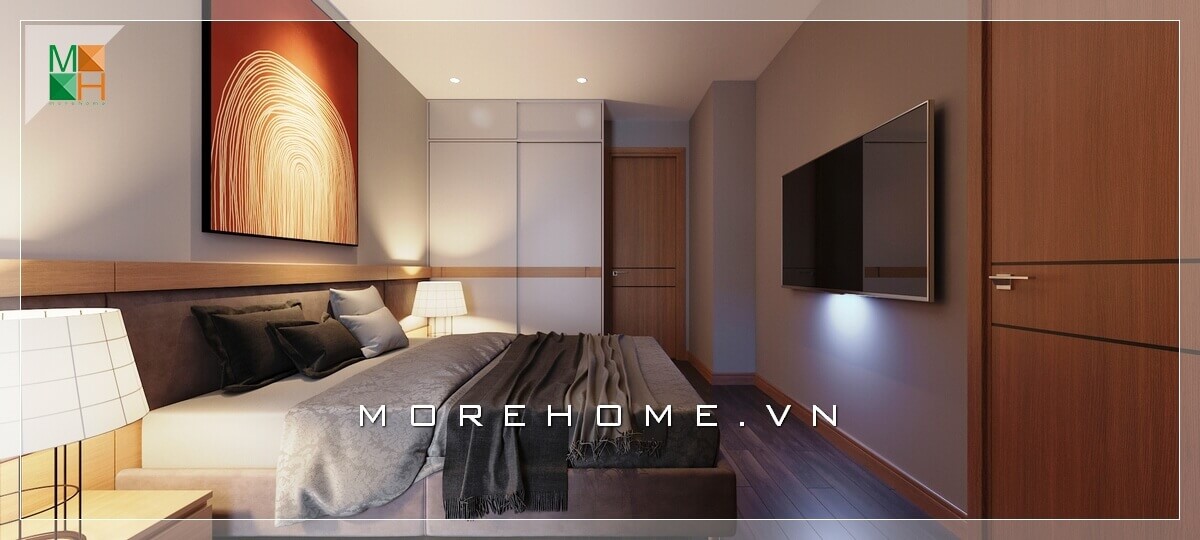 Mẫu thiết kế nội thất phòng ngủ chung cư hiện đại luôn được mọi gia đình hướng tới. Một sự sắp xếp nội thất hợp lý và gọn gàng từ TV treo tường đến bức tranh canvas nổi bật treo đầu giường đến ga giường màu trắng hết sức sáng tạo. Tất cả tạo nên căn phòng ngủ một khối hài hòa và thống nhất Thiết kế chung cư hiện đại