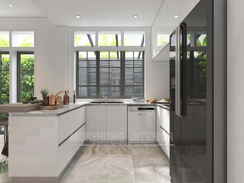 Mẫu tủ bếp gỗ chữ U hiện đại, bề mặt bếp ốp đá vân mây mang lại sự sạch sẽ cho cả không gian Thiết kế và sản xuất tủ bếp đẹp
