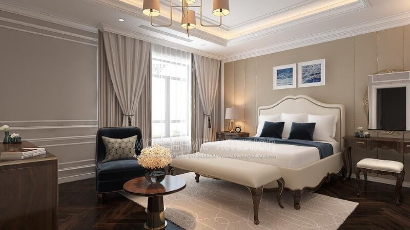 Trang trí nội thất phòng ngủ tân cổ điển đẹp, sang trọng nổi bật với sắc trắng điểm nhấn từ bộ đôn, giường bọc nệm gỗ óc chó tự nhiên. Thiết kế nội thất phòng ngủ biệt thự
