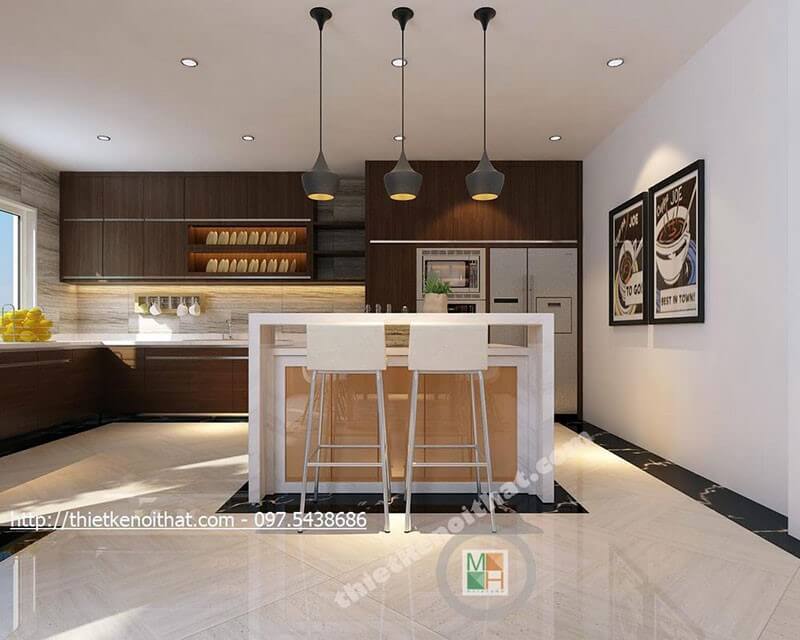 Mẫu tủ bếp gỗ công nghiệp màu nâu với thiết kế dài chữ L cho phòng bếp mang đến sự tiện nghi cho người nội trợ Tủ bếp hiện đại