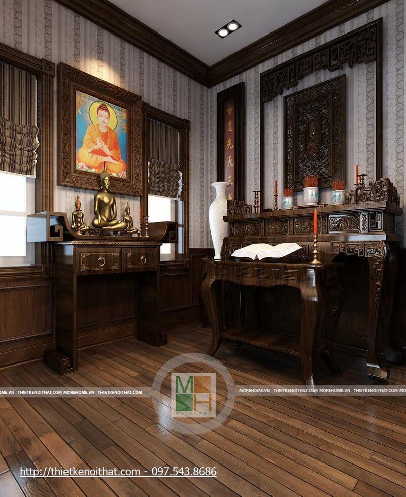Khu vực thờ cúng trang nghiêm với nội thất gỗ tự nhiên sang trọng, thể hiện sự thành kính với bề trên Thiết kế phòng thờ biệt thự