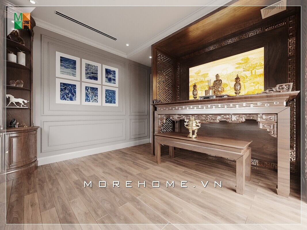 Ấn tượng với mẫu thiết kế phòng thờ là 2 bàn thờ gồm 1 bàn lớn lớn và 1 bàn nhỏ, khung kệ sau bàn thờ thiết kế với họa tiết rất công phu và điêu luyện. Tất cả nội thất đều sản xuất bằng gỗ tự nhiên, đặc biệt là loại gỗ óc chó cao cấp và sang trọng. Thiết kế phòng thờ biệt thự