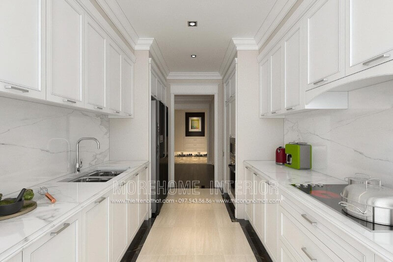 Lựa chọn tone màu trắng làm gam màu chủ đạo, tủ bếp gỗ hiện đại tạo cho căn bếp thêm phần sang trọng và thoáng đãng hơn Tủ bếp hiện đại, tủ bếp chữ u, tủ bếp chữ i, tủ bếp chữ l