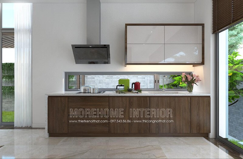Thiết kế tủ bếp gỗ óc chó cao cấp kết hợp Acrylic là sự lựa chọn lý tưởng cho các không gian nhỏ khiến căn bếp biệt thự như rộng thoáng hơn so với thực tế mà vẫn toát lên vẻ sang trọng, đẳng cấp Thiết kế và sản xuất tủ bếp đẹp