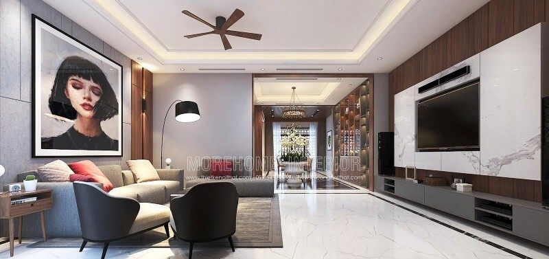 Thiết kế nội thất phòng khách ấn tượng với thiết kế mở, hiện đại tạo nên không gian thông thoáng, đẹp mắt.