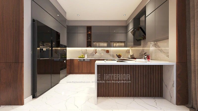 Sắp xếp nội thất phòng bếp độc đáo từ gỗ công nghiệp cao cấp kết hợp cùng đá ốp bếp sang trọng.