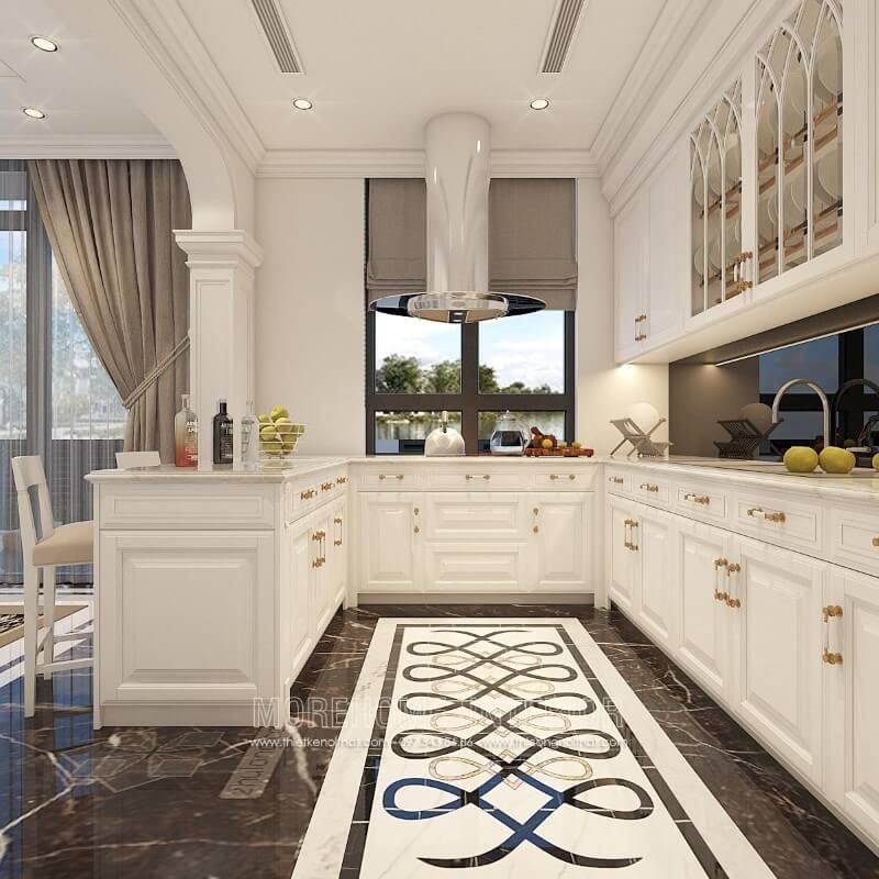 Mẫu tủ bếp chữ u thiết kế cực kỳ quý phái và trang nhã đặc biệt dành riêng cho những biệt thự tân cổ điển
