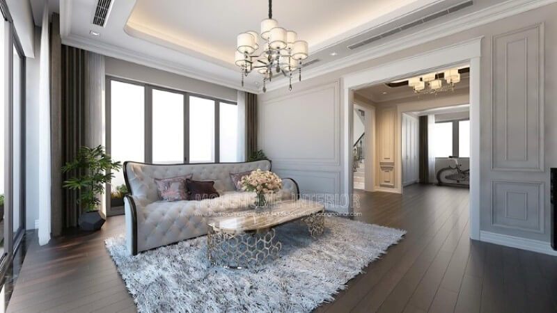 Mẫu sofa văng phong cách tân cổ điển độc đáo, tone màu trắng sữa nhẹ nhàng chủ đạo mang lại cho không gian một không gian sống sang chảnh, tiện nghi và không kém phần nổi bật