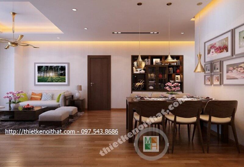 Thiết kế nội thất phòng ăn liền kề với phòng khách, không tạo ra bất kỳ vách ngăn nào, sẽ giúp tăng khả năng bao quát cũng như mang đến những bữa ăn ngon miệng cho gia chủ.