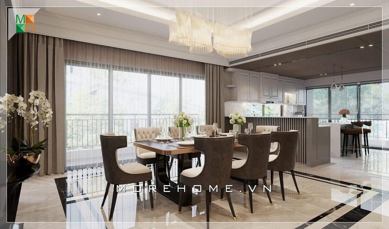 Bộ bàn ăn kèm 8 ghế ăn bằng gỗ tự nhiên bọc nỉ thiết kế ôm lưng cao cấp giúp tôn lên vẻ sang trọng, đẳng cấp cho phòng ăn của gia chủ