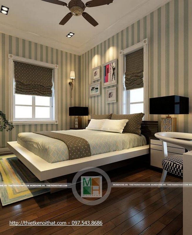 Lựa chọn cách trang trí nhẹ nhàng, nổi bật cho phòng ngủ với mẫu giấy dán tường màu xanh trắng ấn tượng kết hợp bộ tranh canvas độc đáo giúp phòng ngủ của bé sinh động và tươi sáng hơn.