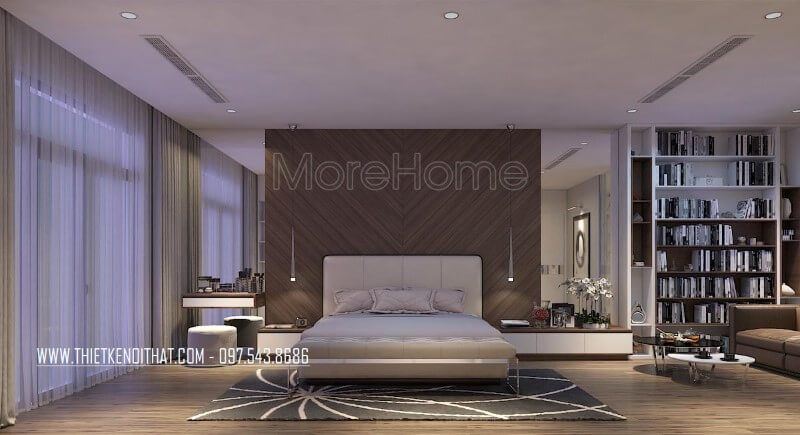 Bức tường được thiết kế để tránh sự thô cứng bằng cách sử dụng giương trang trí chữ nhật ốp 2 bên và ốp nệm đầu giường màu nâu vân gỗ đẹp, độc đáo.